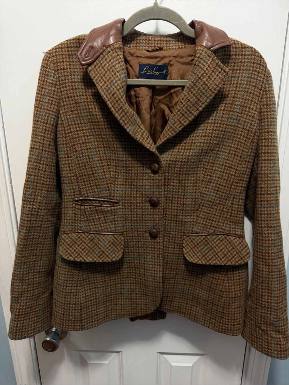 Luisa Spagnoli Jacket w/Leather Collar Plaid Dark‎ Academia Quiet Luxury Size 4 - Picture 5 of 9